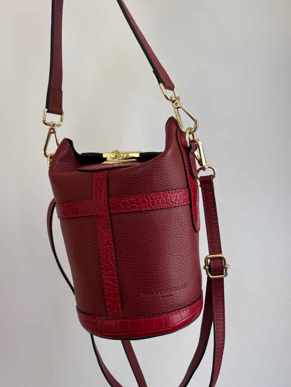 Women's Red Leather Bucket Bag with Gold Hardware